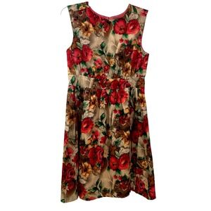 Emily and Fin Dress Fit & Flare Floral Knee Length Size S Retro Pink Tan Cotton